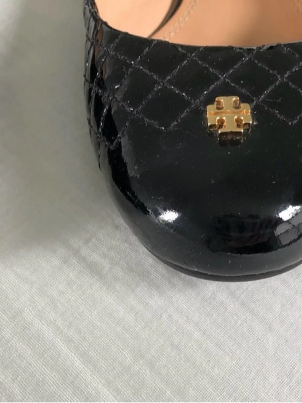 Tory Burch Black Quilted Patent Ballet Flats with Gold Logo